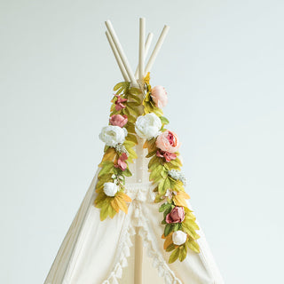 Peony Flower Garland Draped Over a Teepee - Perfect Floral Topper for Kids’ Playroom or Baby Shower Gift