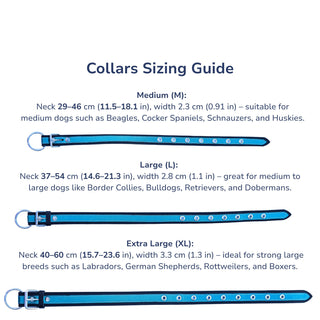Collars sizing guide for dogs with measurements and examples from 'furry me' brand.