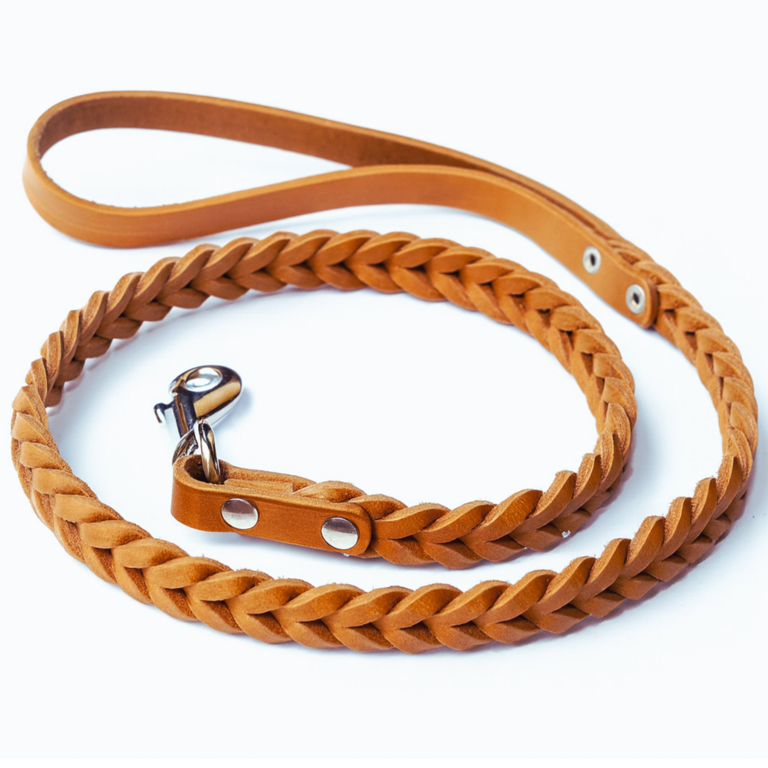 Genuine Braided Leather Dog Leash – Tan - Orange Brown – Soft Stretch Heavy Duty Lead – Handcrafted Leather Pet Leash