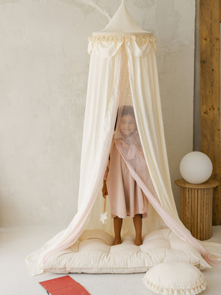 MINICAMP Bed Canopy for Kids – Boho Nursery Canopy with Tulle & Tassels, Light Cream Maco Satin, Hanging Canopy for Crib, Toddler Bed