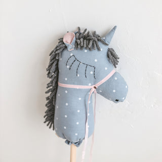 MINICAMP Unicorn Hobby Horse Stick Toy – Handmade Linen Ride-On Toy in Light Blue with Dots