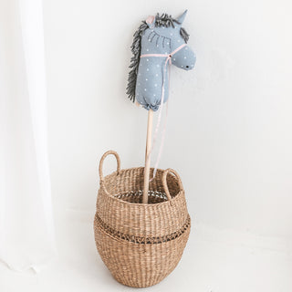 MINICAMP Unicorn Hobby Horse Stick Toy – Handmade Linen Ride-On Toy in Light Blue with Dots