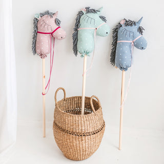 MINICAMP Unicorn Hobby Horse Stick Toy – Handmade Linen Ride-On Toy in Light Blue with Dots