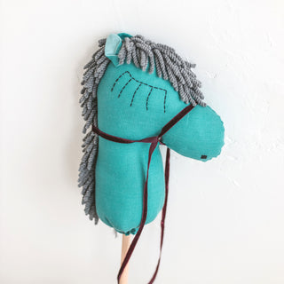 MINICAMP Unicorn Hobby Horse Stick Toy – Handmade Linen Ride-On Toy in Teal with Grey Hair