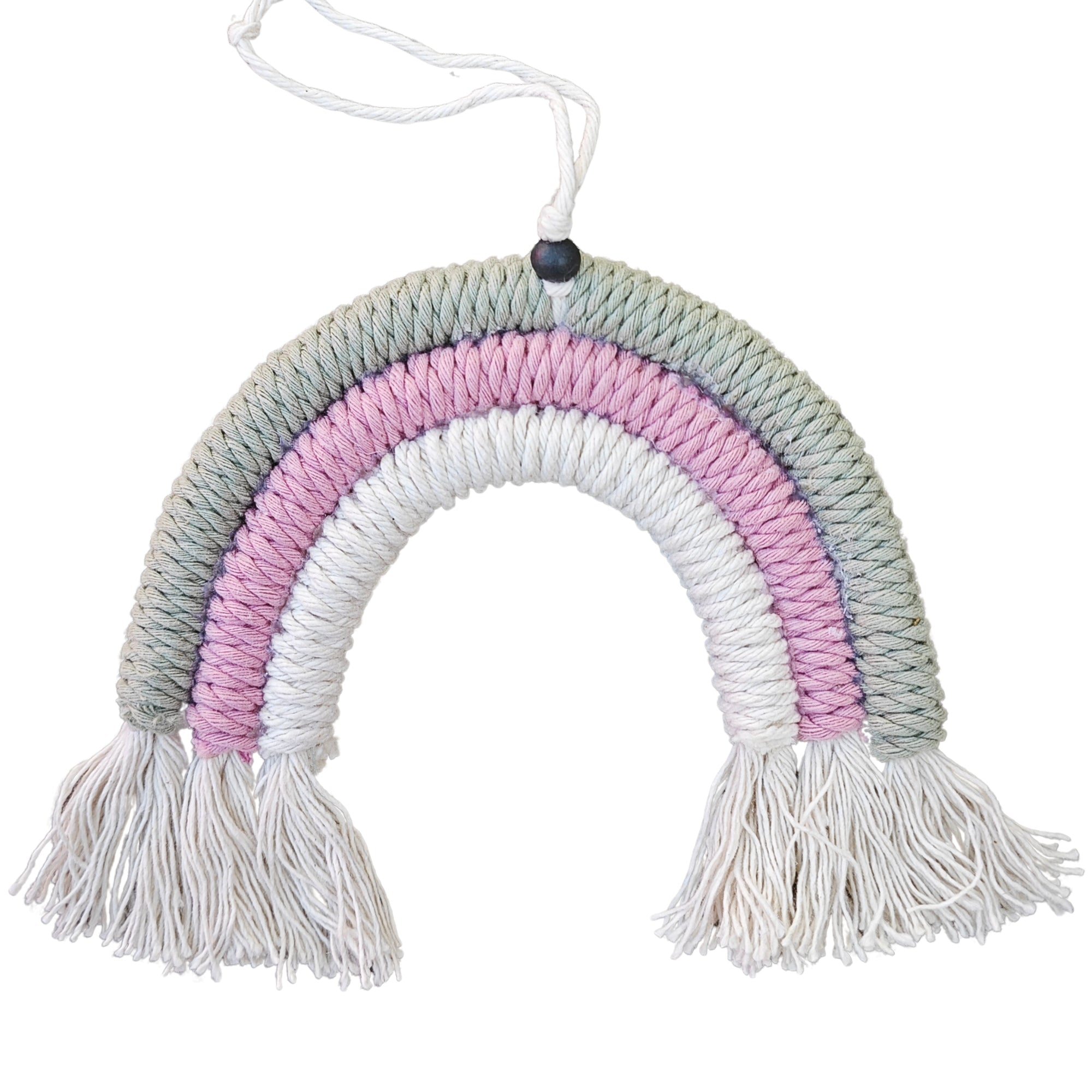 MINICAMP Macrame Rainbow pakabinamas sieninis menas, skirtas Teepee dekorui – rožinė balta