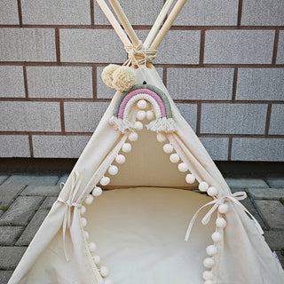 MINICAMP Macrame Rainbow pakabinamas sieninis menas, skirtas Teepee dekorui – rožinė balta