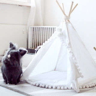 MINICAMP Rabbit Teepee, Bunny Bed in White with Pompoms 