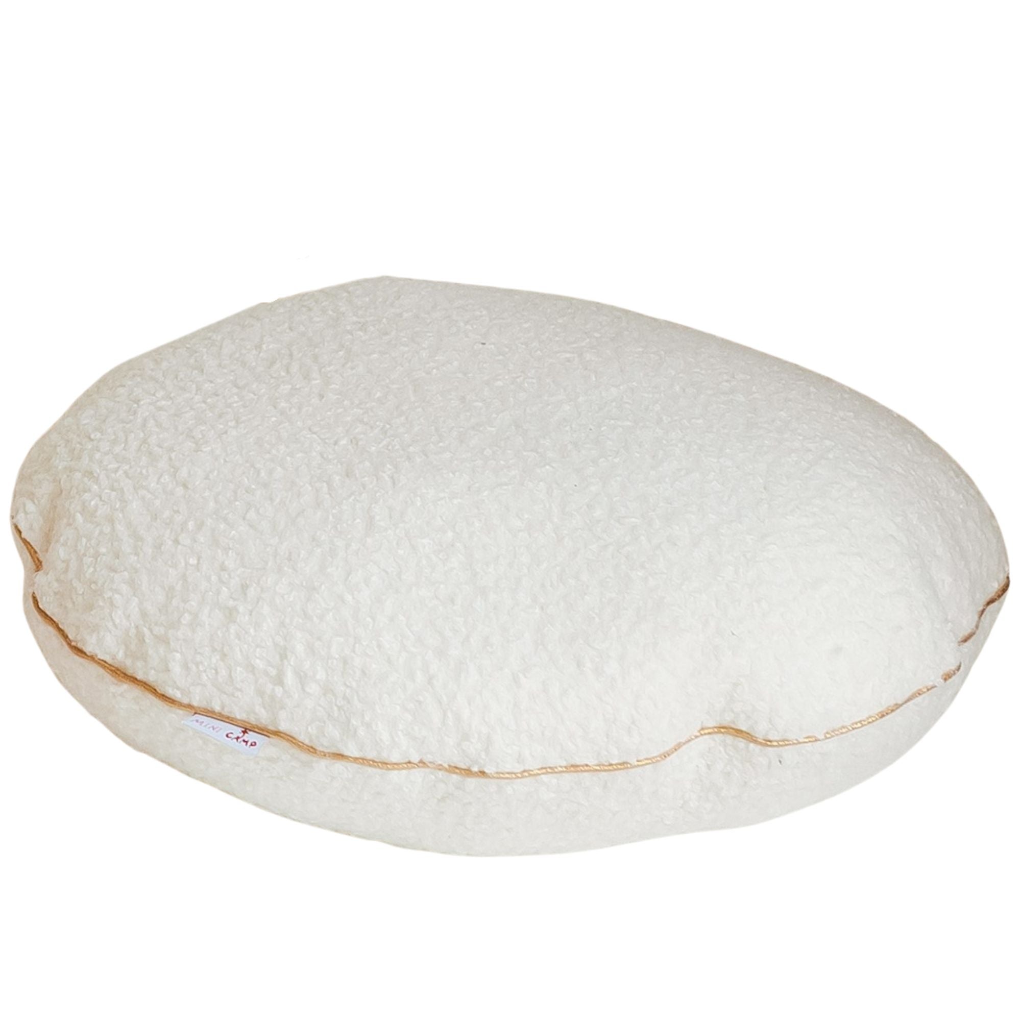 MINICAMP Ecru Boucle Round Cushion with Chic Golden Trim