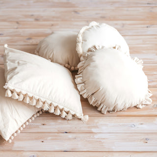 MINICAMP Throw Pillow in Ecru with Pompom trim