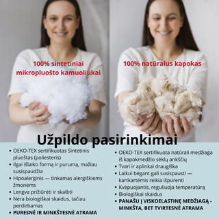 Moteris laiko sintetinį pluoštą ir natūralų kapoką, lyginamos jų savybės