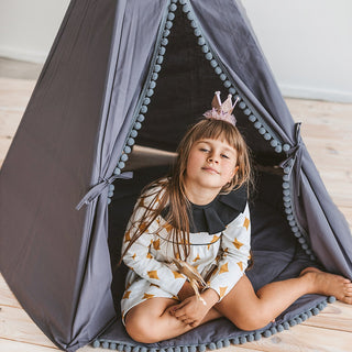 Grey Teepee Tent for Kids with Pom Poms Decor