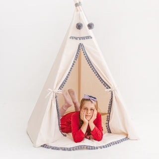 MINICAMP Kids Teepee in Off-white with Grey PomPoms